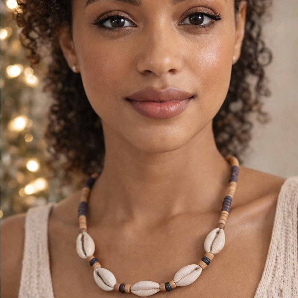 Brown and Cream Clam Shell Beaded Necklace Bohemian Jewelry